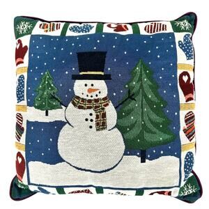 Tapestry Snowman Christmas 17" Square Throw Pillow with Mitten Border-Cute!